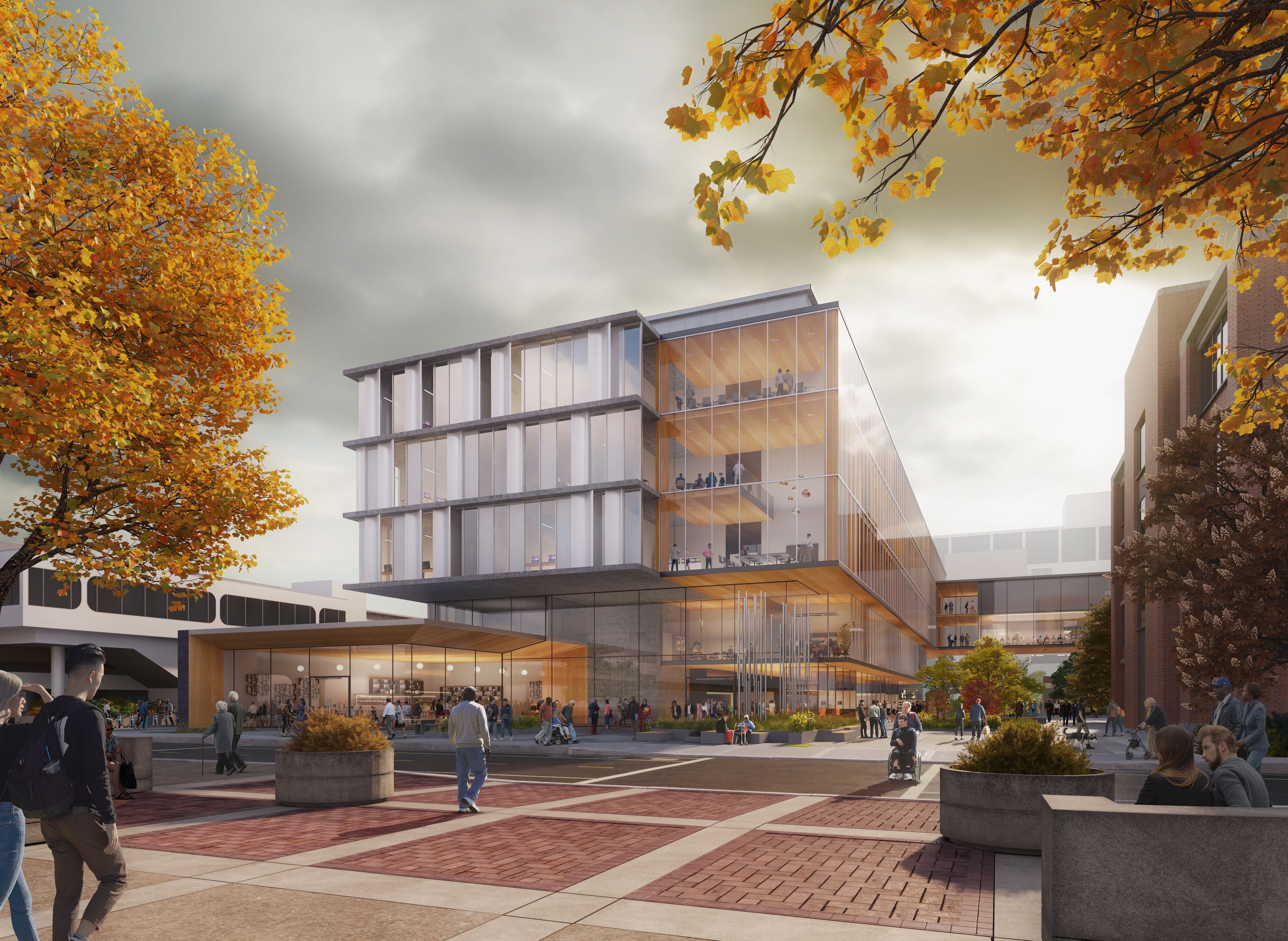 A rendering of the proposed DDCRP in background and the surrounding environment. The proposed DDCRP is a modernist building with glass facades and a total of 5 floors.